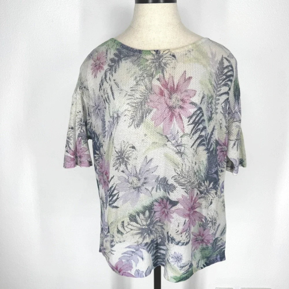 J Jill Linen Blend Boho Floral Open Knit Top Womens Medium Cottagecore Oversized